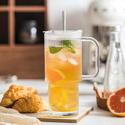 CLARA Geribbelde Glazen Drinkbeker met Handvat en Deksel voor Warme en Koude Dranken