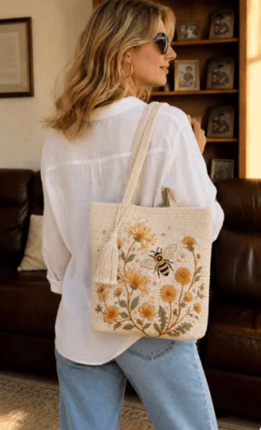 BeeBelle™ gehaakte draagtas met bijen en bloemen